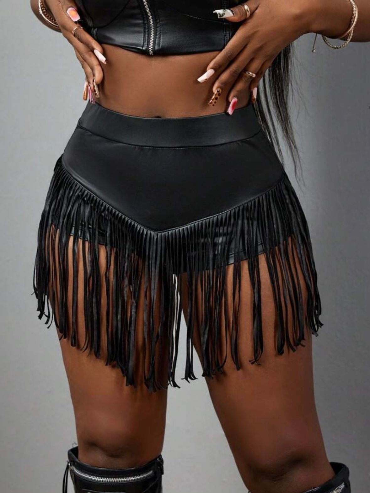 PU Leather Tassel Elastic Micro Mini Shorts (4.85)