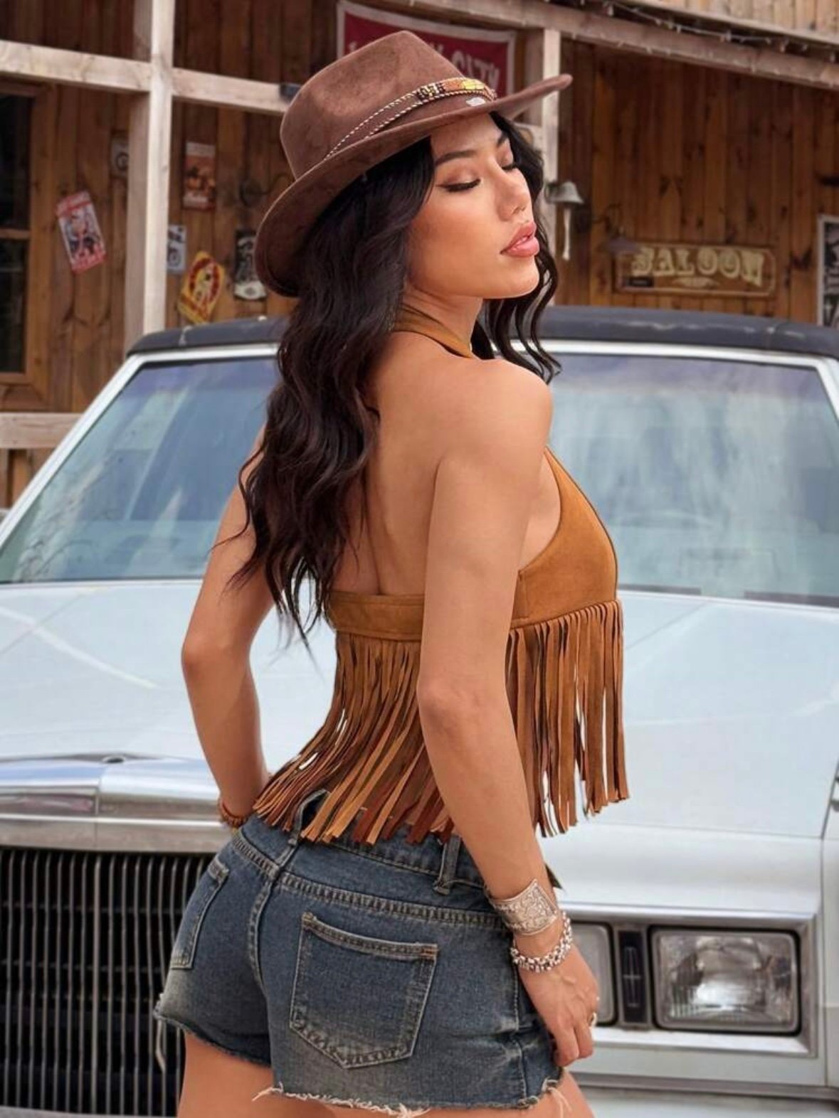 Faux Suede Tie Front Fringe Hem Halter Top (4.80) - Image 4