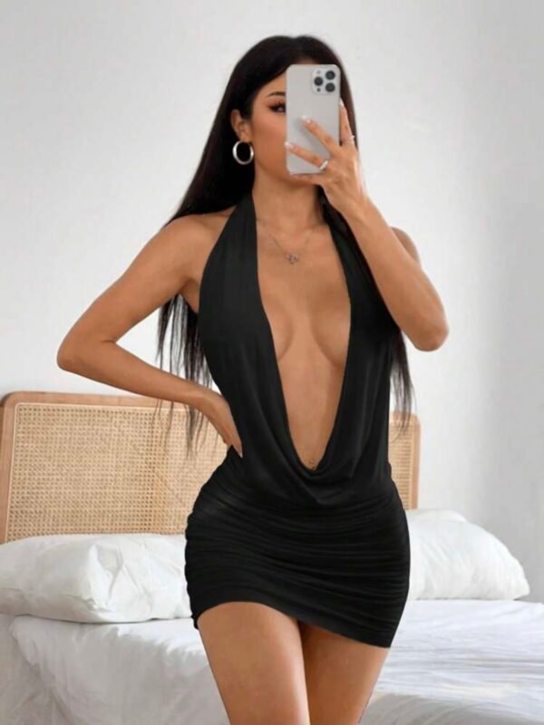 Sexy Backless Ruched Mini Deep V Neck Dress (4.79) - Image 3