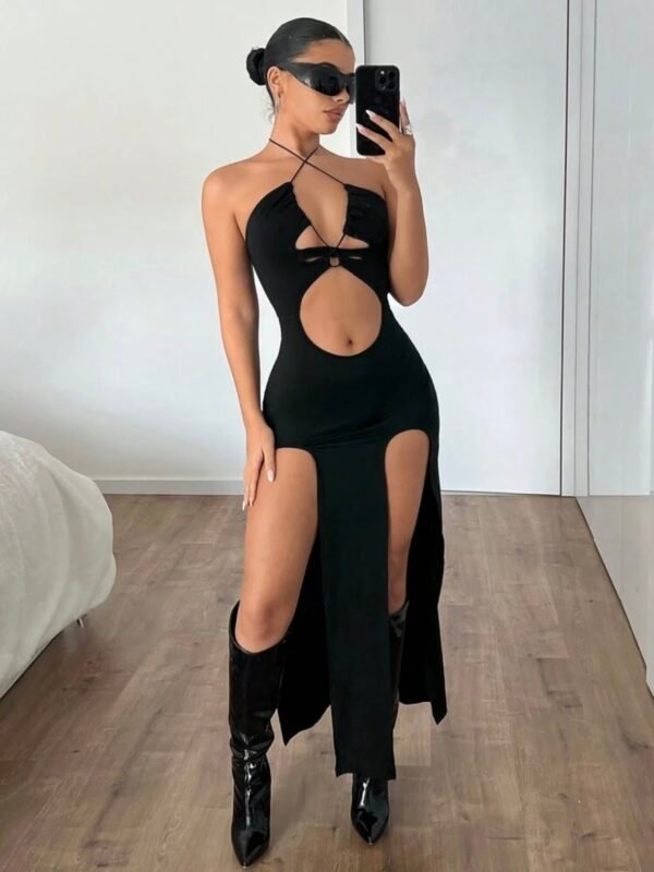 Women's Neck Tie Waist Hollow Out Slit Dress (4.87) - Image 5