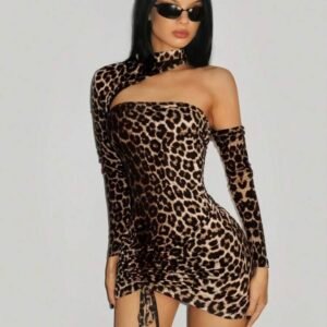 Leopard Print One Shoulder Long Sleeve Party Dress (4.89)