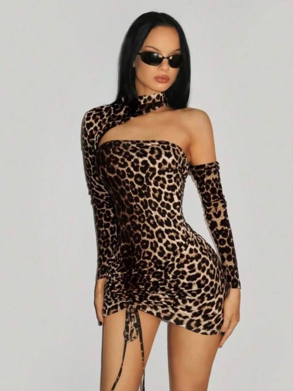 Leopard Print One Shoulder Long Sleeve Party Dress (4.89)