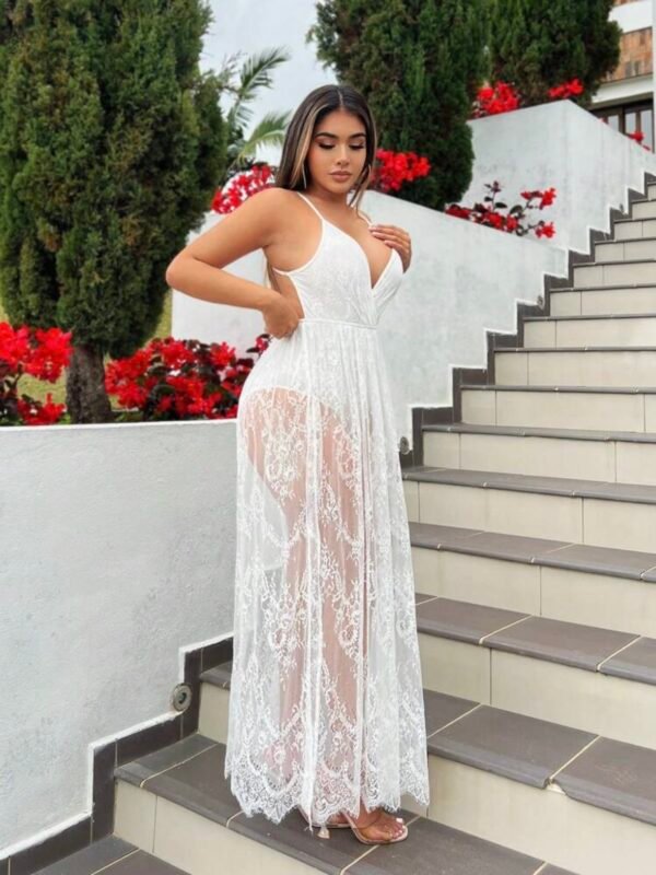 Sexy Beach Summer V Neck Lace Long Sexy Backless Dress (4.75) - Image 6