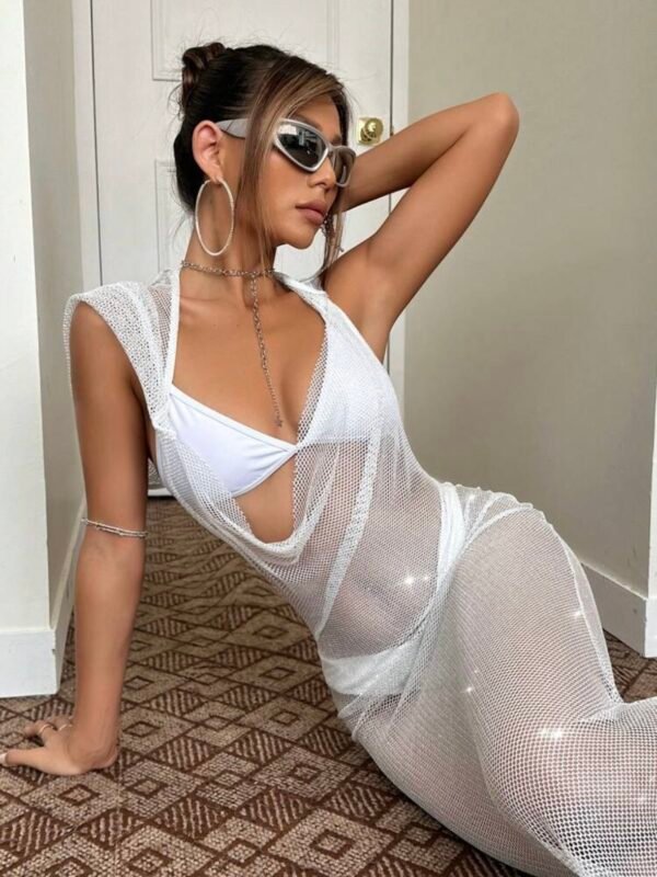 White Rhinestone Hooded Fishnet Mesh Maxi Dress (4.82) - Image 3