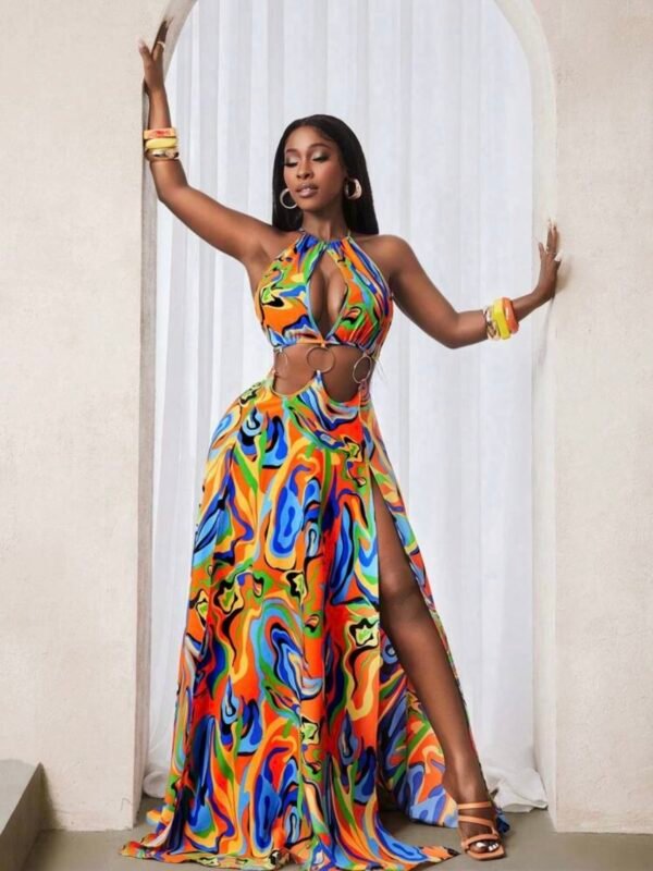 Women's High Slit Colorful Printed Sexy Maxi Ringed Dress (5.0)