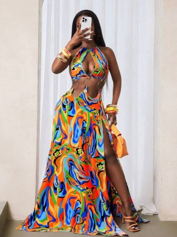 Women's High Slit Colorful Printed Sexy Maxi Ringed Dress (5.0) - Image 5