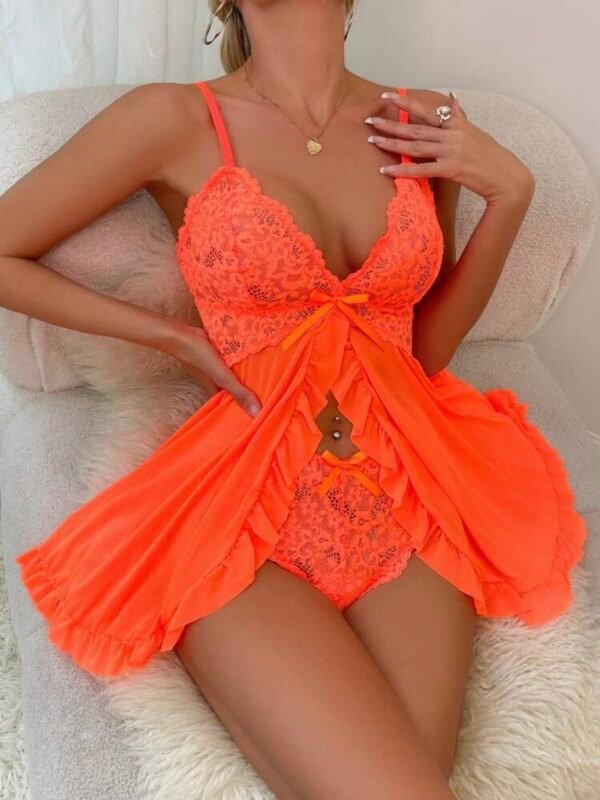 Lace See-Through Ruffle Hem Sexy Lingerie Babydoll Dress & Thong Set (4.96)