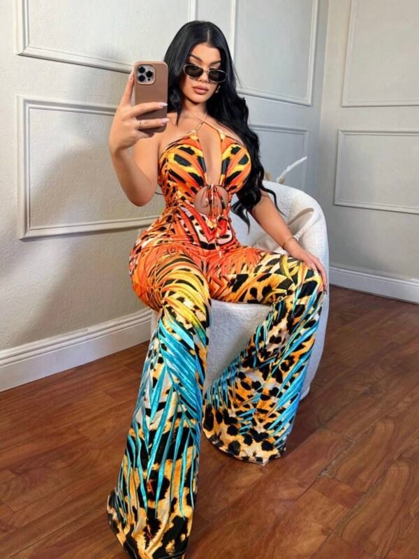 Sexy Tropical Plant & Leopard Print Hollow Out Long Flared Jumpsuit (4.93) - Image 6