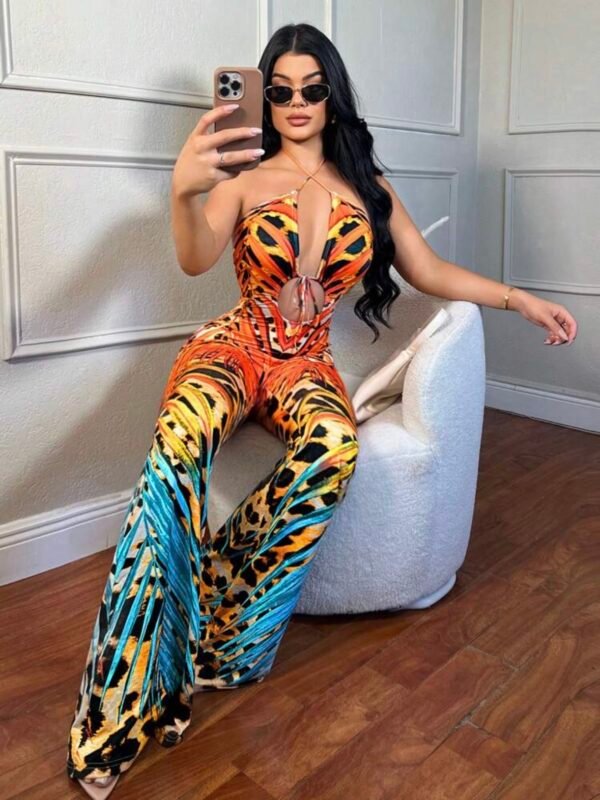Sexy Tropical Plant & Leopard Print Hollow Out Long Flared Jumpsuit (4.93) - Image 5