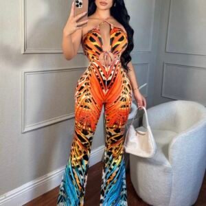 Sexy Tropical Plant & Leopard Print Hollow Out Long Flared Jumpsuit (4.93)