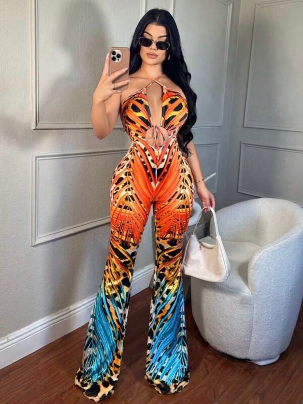 Sexy Tropical Plant & Leopard Print Hollow Out Long Flared Jumpsuit (4.93)