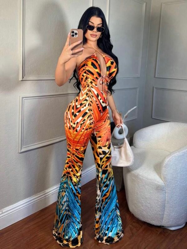 Sexy Tropical Plant & Leopard Print Hollow Out Long Flared Jumpsuit (4.93) - Image 4