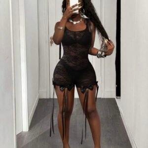 Sexy Romantic Black Lace Bow Tight See Through Jumpsuit (4.88)