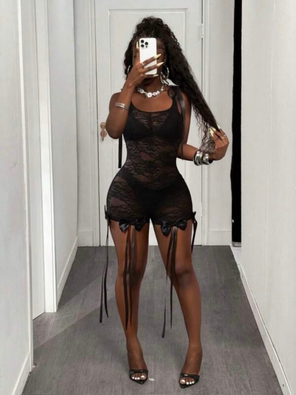 Sexy Romantic Black Lace Bow Tight See Through Jumpsuit (4.88)