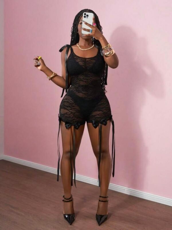 Sexy Romantic Black Lace Bow Tight See Through Jumpsuit (4.88) - Image 6
