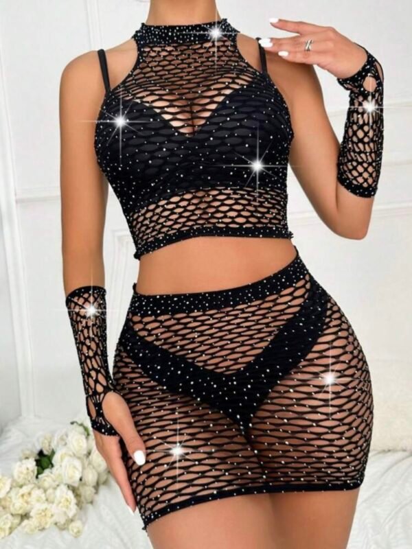Rhinestone Black Lingerie Sexy Fishnet Bodysuit Set (4.90) - Image 2