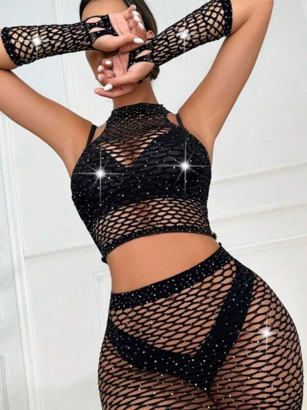 Rhinestone Black Lingerie Sexy Fishnet Bodysuit Set (4.90) - Image 3
