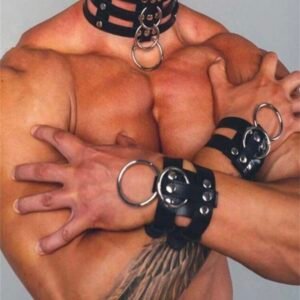 PU Leather Men Neck Harness Collar And Bracelets Gothic Punk BDSM (4.83)
