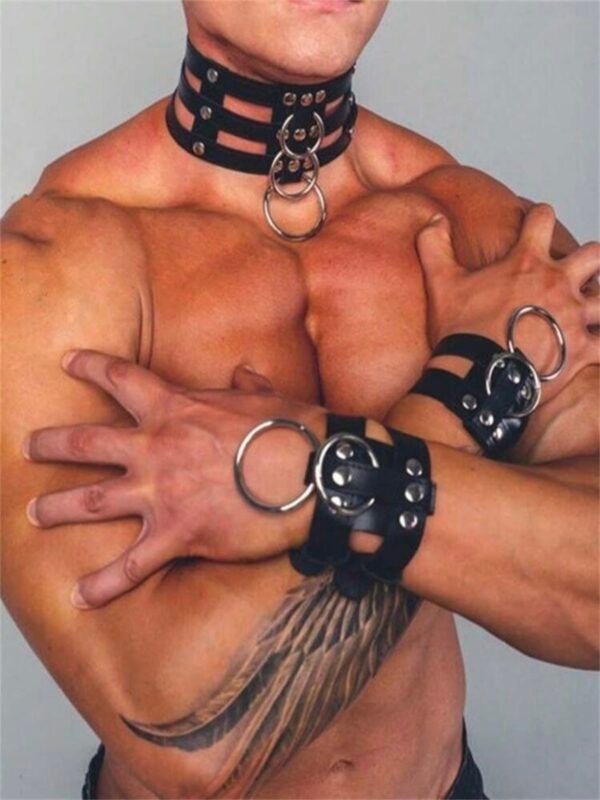 PU Leather Men Neck Harness Collar And Bracelets Gothic Punk BDSM (4.83)