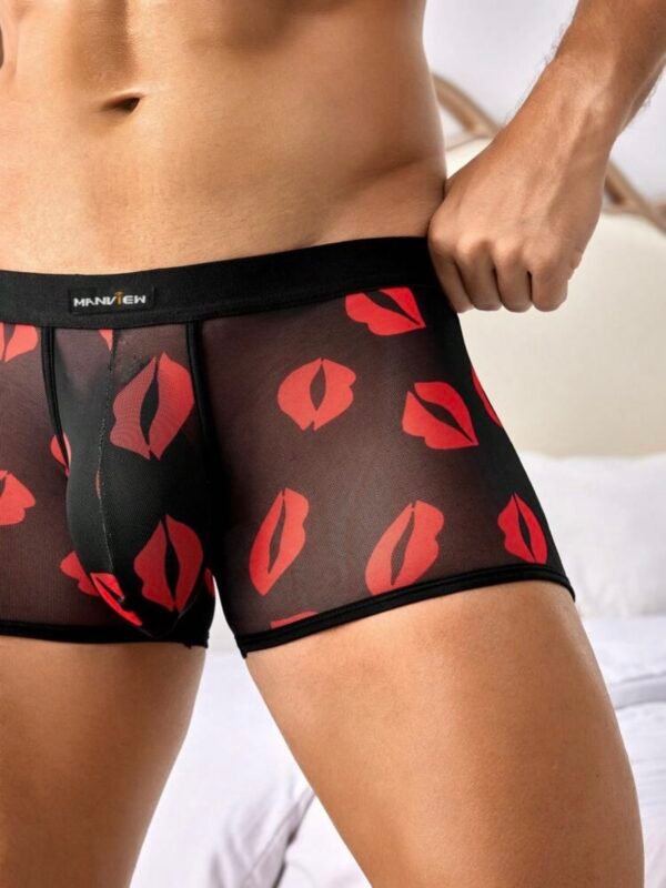 Men's Sexy Mesh Kiss Print Sheer Boxer Briefs (4.93) - Image 3