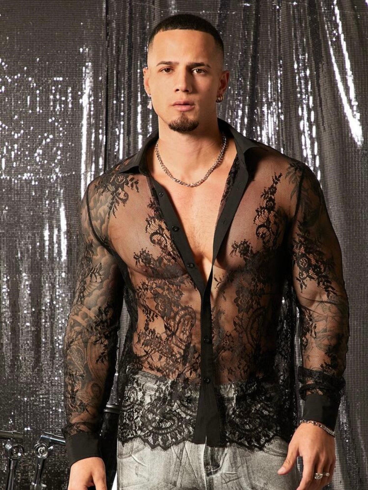 Men's Sexy Lace Loose Long Sleeve Pattern Shirt (4.92) - Image 2