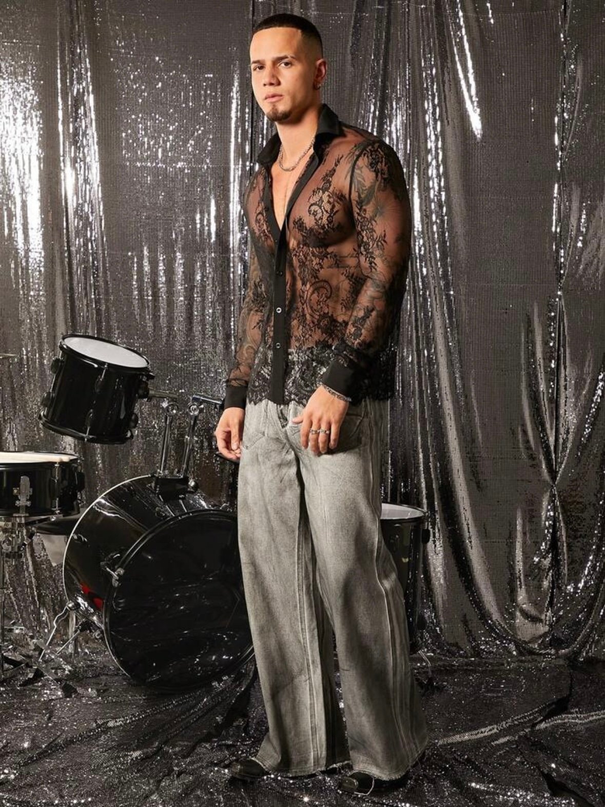 Men's Sexy Lace Loose Long Sleeve Pattern Shirt (4.92) - Image 5
