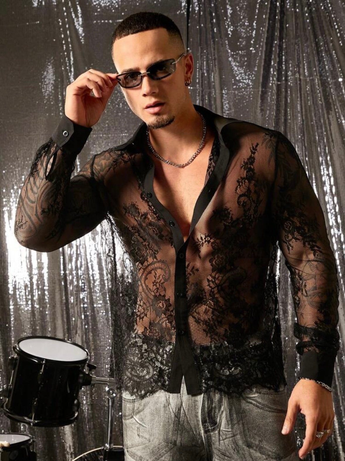 Men's Sexy Lace Loose Long Sleeve Pattern Shirt (4.92)