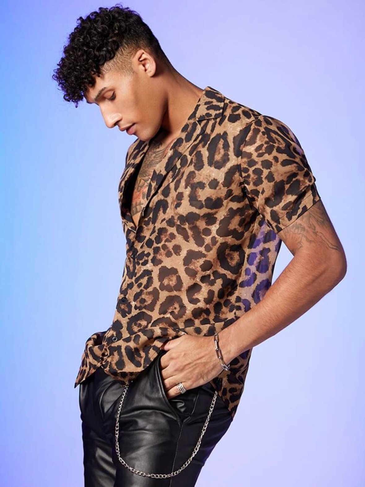 Men's Collar Leopard Button Up Sexy Sheer Translucent Shirt (4.81)