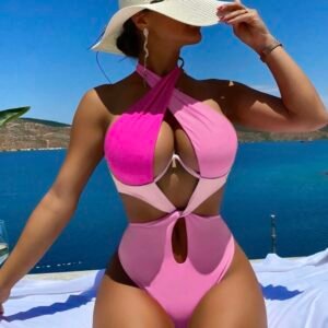 Women's Colorblock Cut Out Halter Sexy One Piece Swimsuit (4.87)
