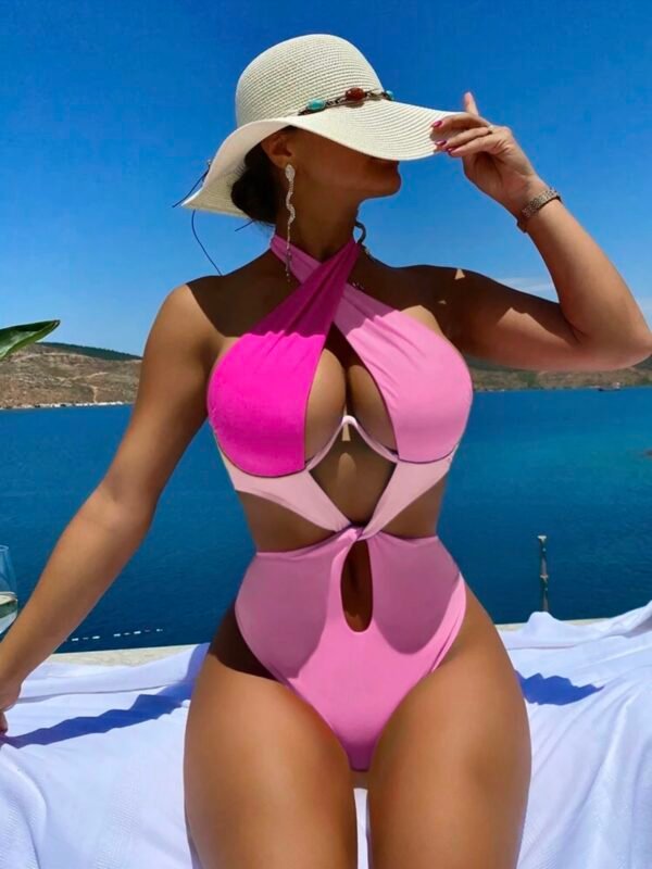 Women's Colorblock Cut Out Halter Sexy One Piece Swimsuit (4.87)