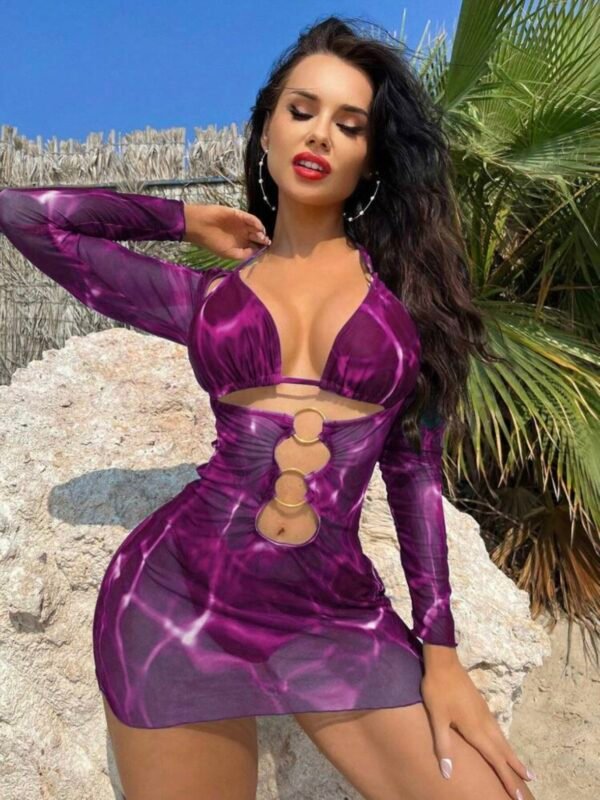 Sexy Swim Marble Print Bikini Set With Sheer Cover Up Bikini Set (4.96)