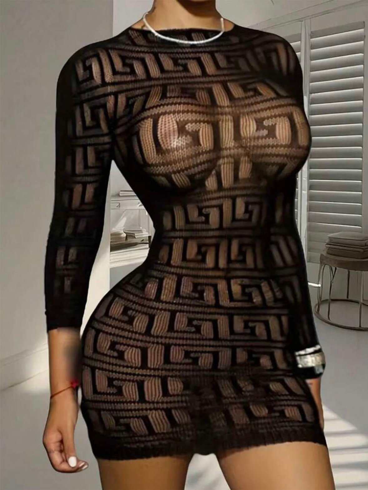 Sexy Long Sleeve Lingerie See Through Cover Dress Lace (4.96)
