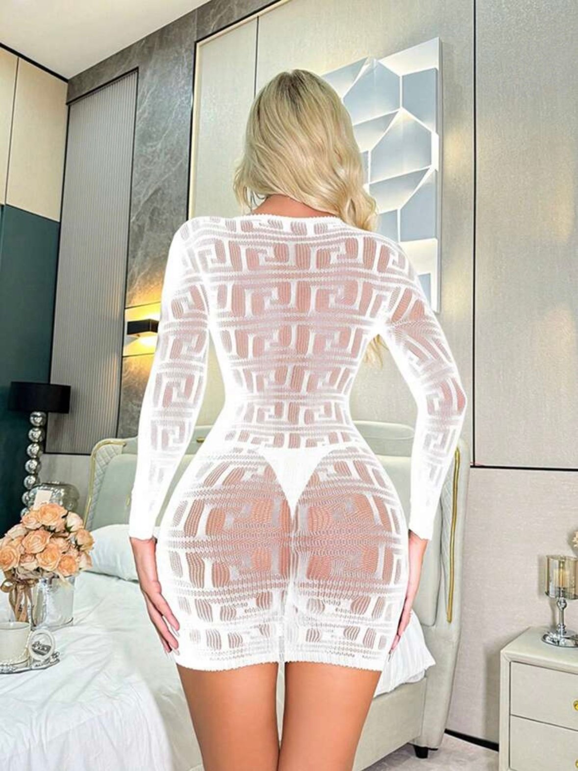 Sexy Long Sleeve Lingerie See Through Cover Dress Lace (4.96) - Image 5