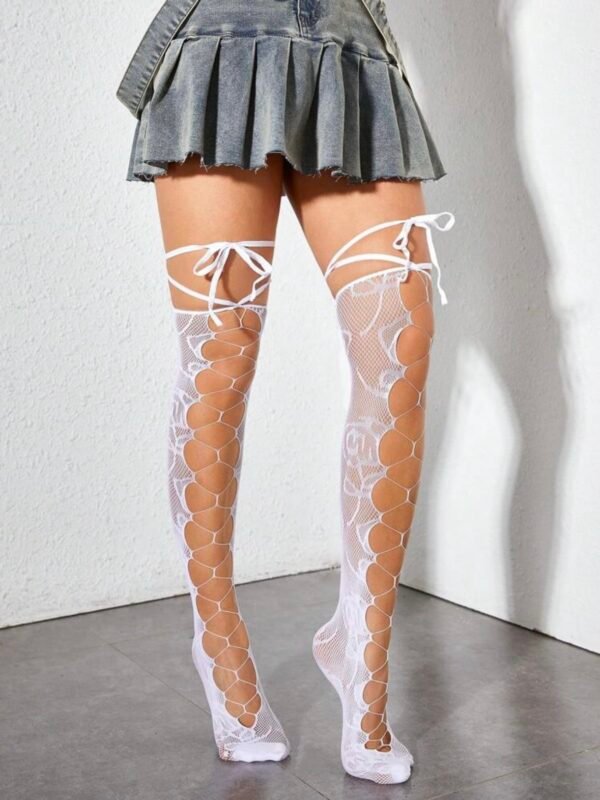 Women's White Hollow Out Lace Up Lingerie Socks (4.96) - Image 3