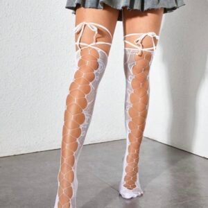 Women's White Hollow Out Lace Up Lingerie Socks (4.96)