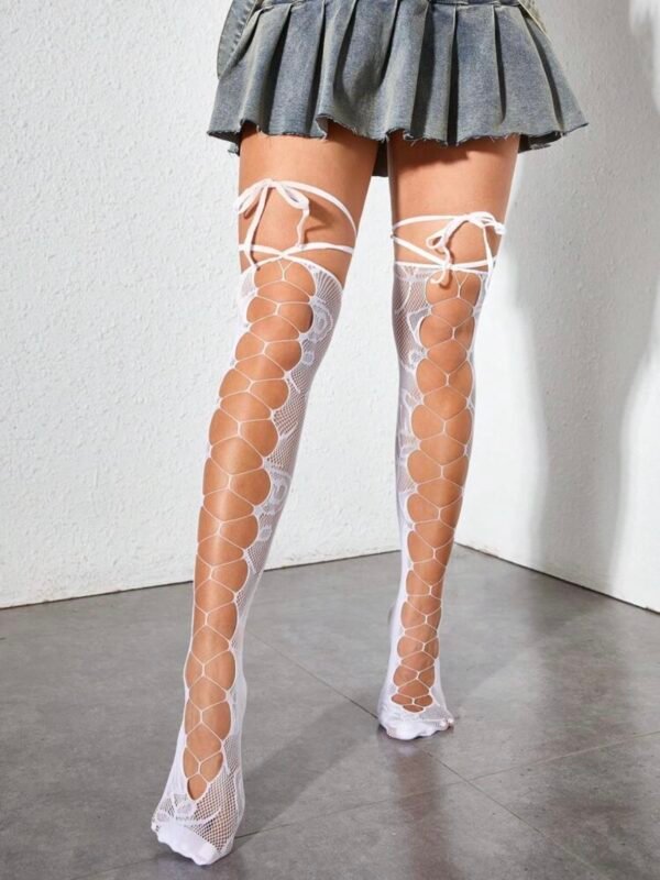 Women's White Hollow Out Lace Up Lingerie Socks (4.96)