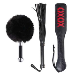 Bondage PU Leather 3pcs Set Spanking Paddle Whip & Tickler (5.0)