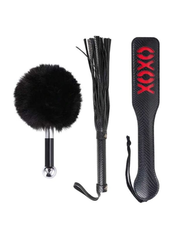Bondage PU Leather 3pcs Set Spanking Paddle Whip & Tickler (5.0)