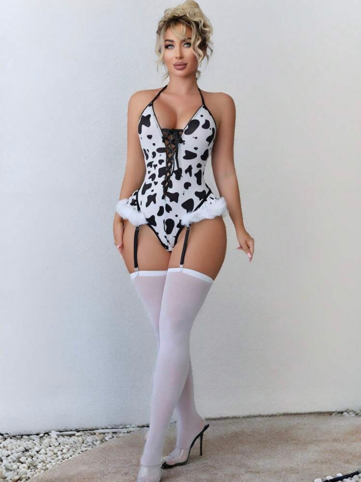 Cow Print Ruffle Romper With Garter Belt & Thigh High Stockings (4.86) - Image 4