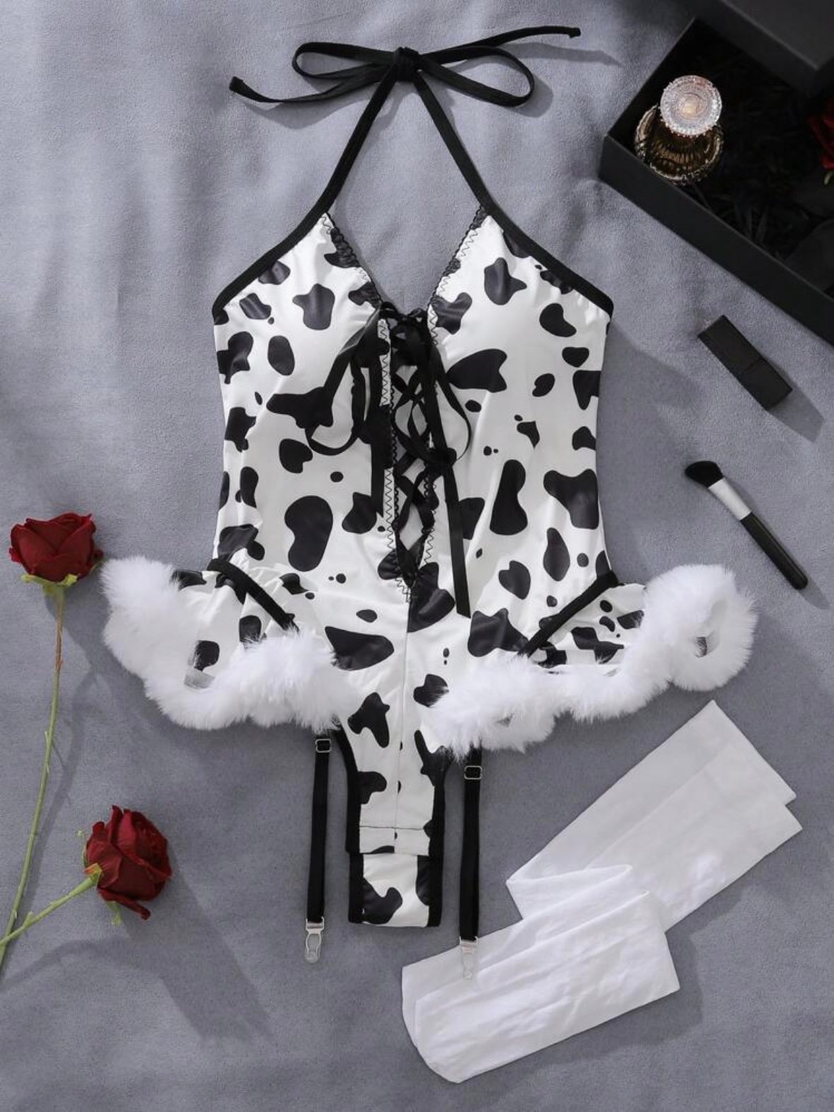 Cow Print Ruffle Romper With Garter Belt & Thigh High Stockings (4.86) - Image 7