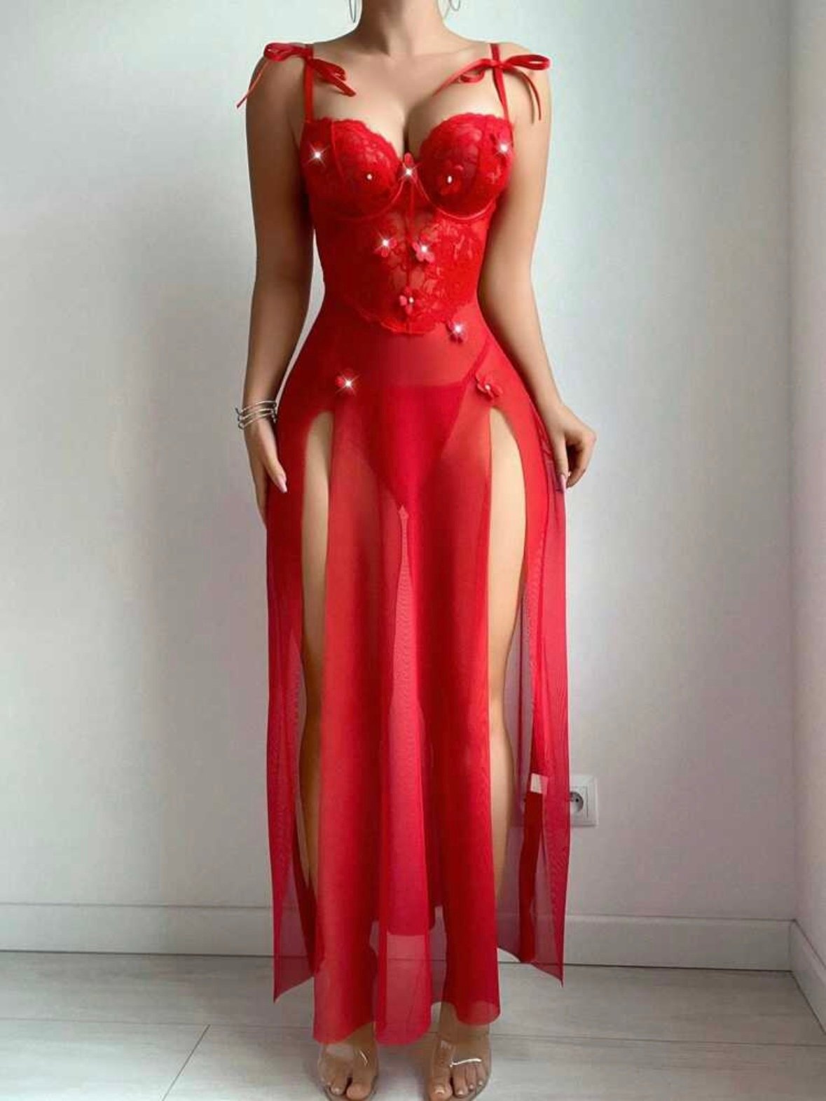 Women's Lace Mesh Slit Front Flower Underwire Dress & Thong (4.95) - Image 6