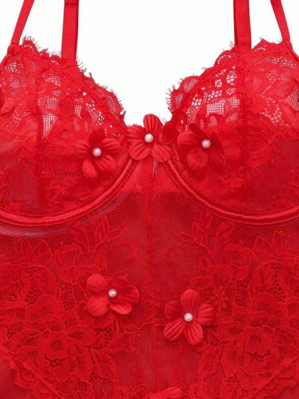 Women's Lace Mesh Slit Front Flower Underwire Dress & Thong (4.95) - Image 5
