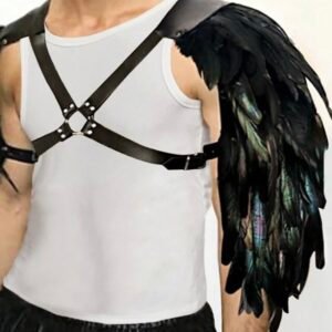 Men's Black PU Leather Strap Feathered Shoulder Harness Angel (4.70)