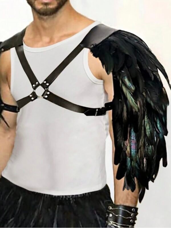 Men's Black PU Leather Strap Feathered Shoulder Harness Angel (4.70)