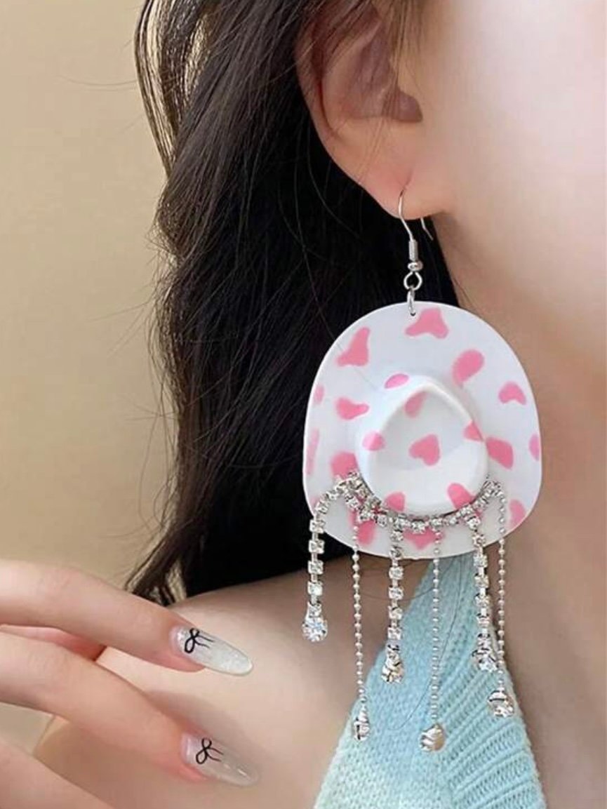 Cowboy Hat With Rhinestones Dangle Earrings For Women (5.0)