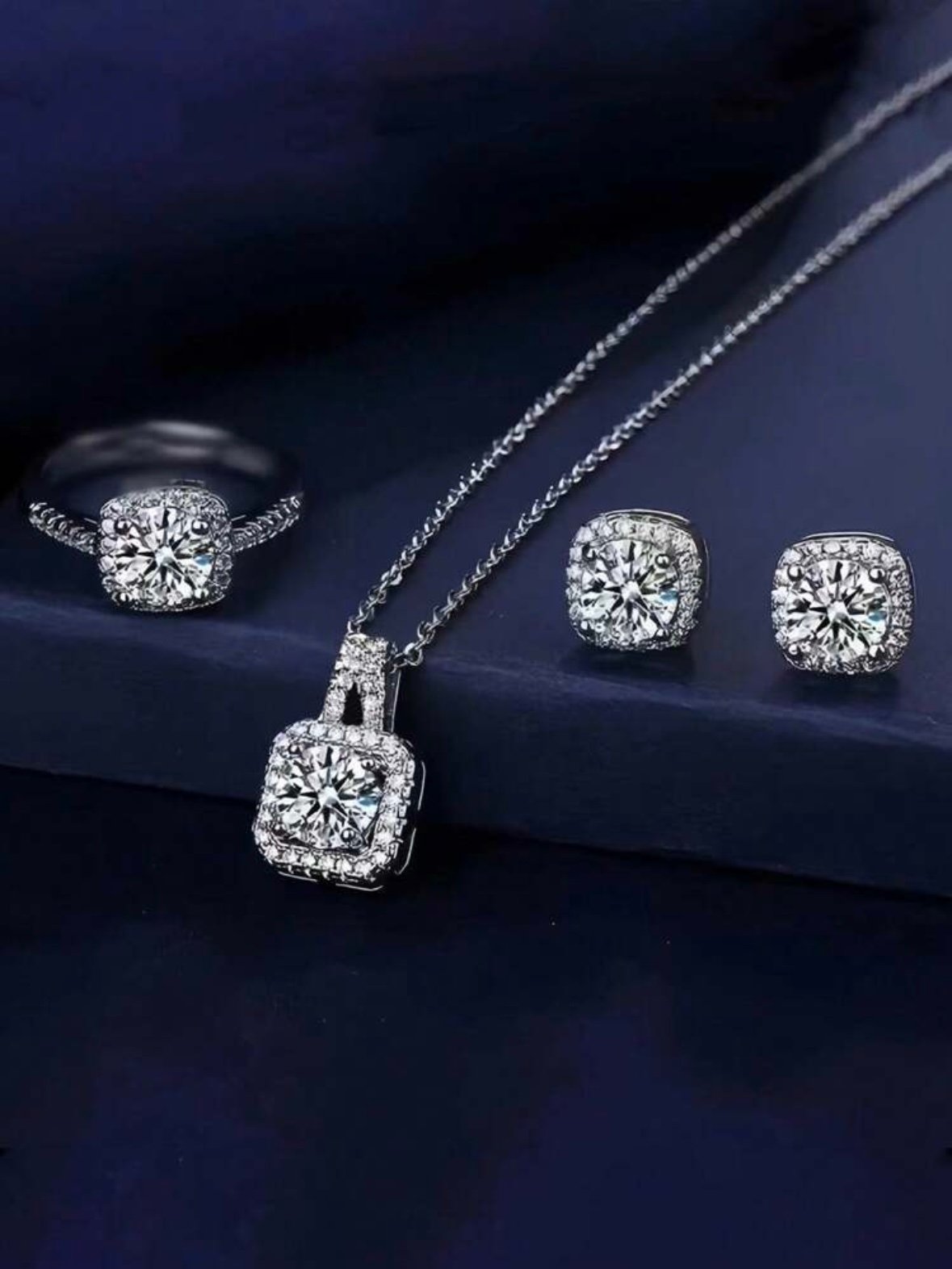Square Rhinestone Jewelry Set Earrings Necklace & Ring (4.89) - Image 2