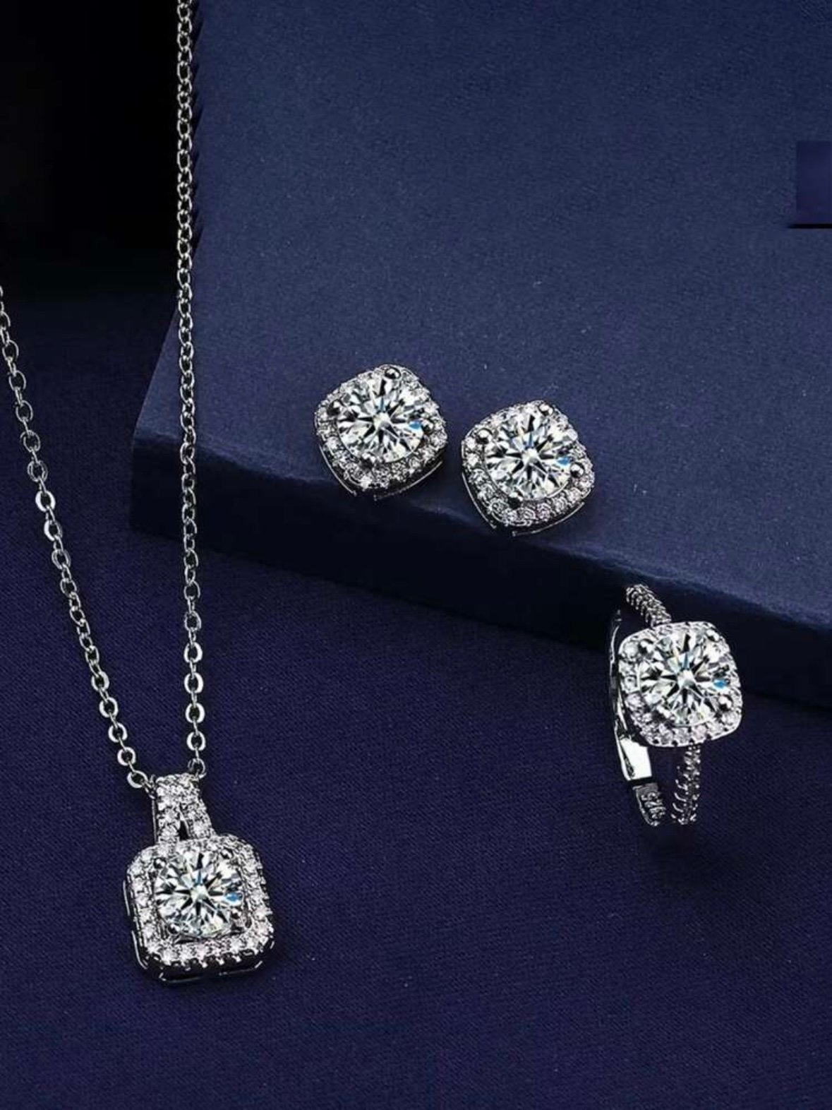 Square Rhinestone Jewelry Set Earrings Necklace & Ring (4.89) - Image 3