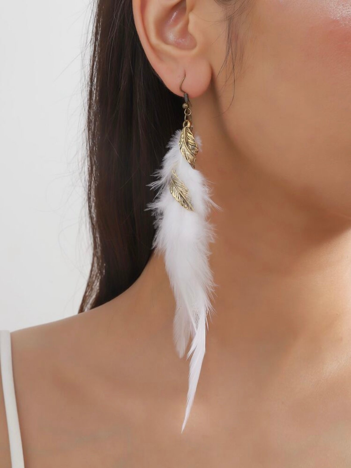Feather White Dangle Earrings Western Style (4.93)