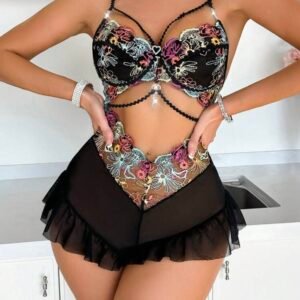 Elegant Colorful Embroidery Mesh Ruffle Lingerie Jumpsuit (4.90)