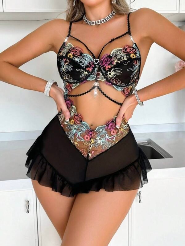 Elegant Colorful Embroidery Mesh Ruffle Lingerie Jumpsuit (4.90)